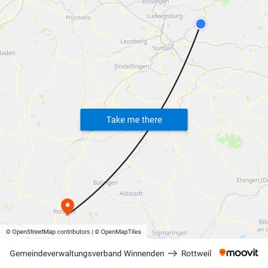 Gemeindeverwaltungsverband Winnenden to Rottweil map