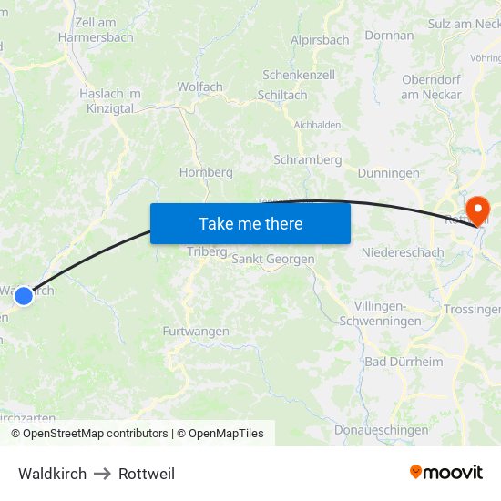 Waldkirch to Rottweil map