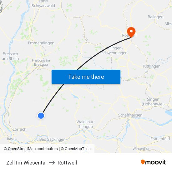 Zell Im Wiesental to Rottweil map