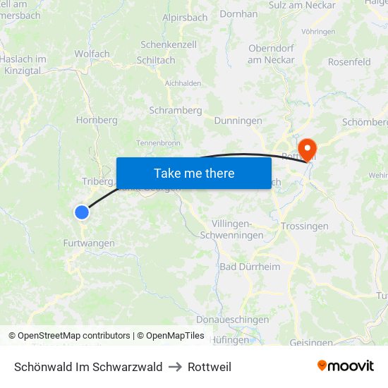 Schönwald Im Schwarzwald to Rottweil map