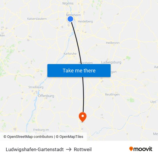 Ludwigshafen-Gartenstadt to Rottweil map