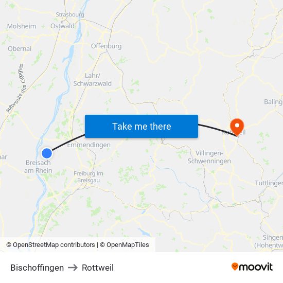 Bischoffingen to Rottweil map