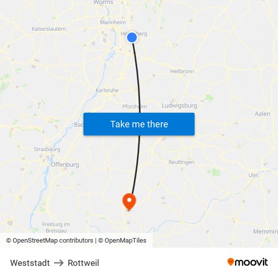 Weststadt to Rottweil map