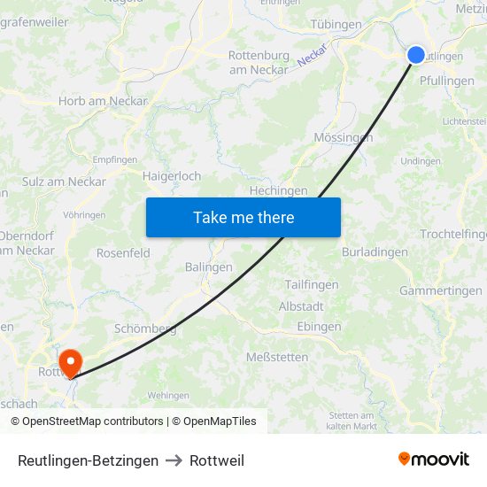 Reutlingen-Betzingen to Rottweil map
