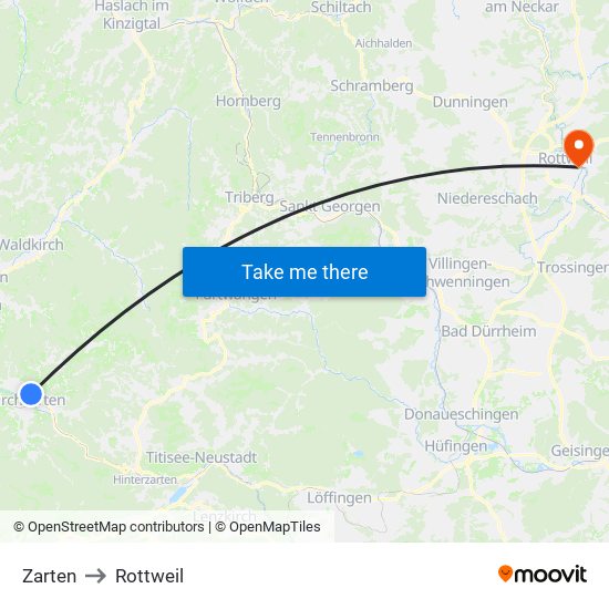 Zarten to Rottweil map