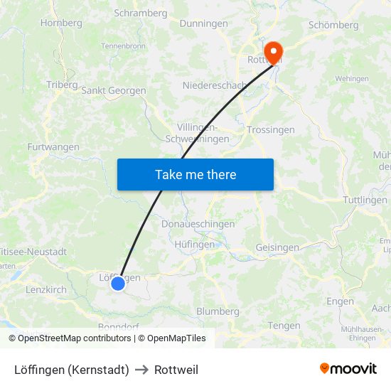 Löffingen (Kernstadt) to Rottweil map