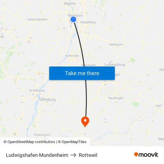 Ludwigshafen-Mundenheim to Rottweil map