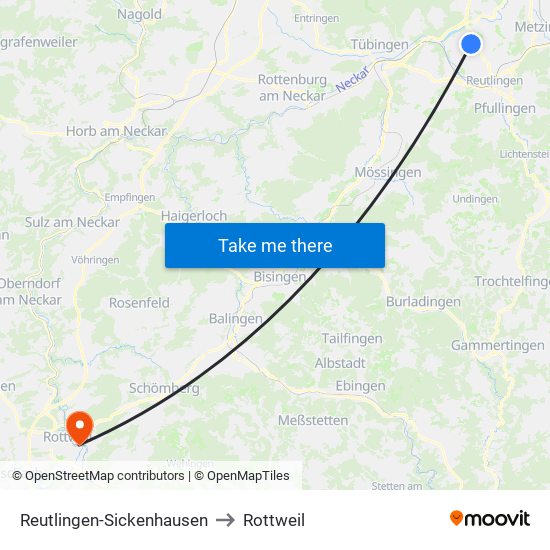 Reutlingen-Sickenhausen to Rottweil map