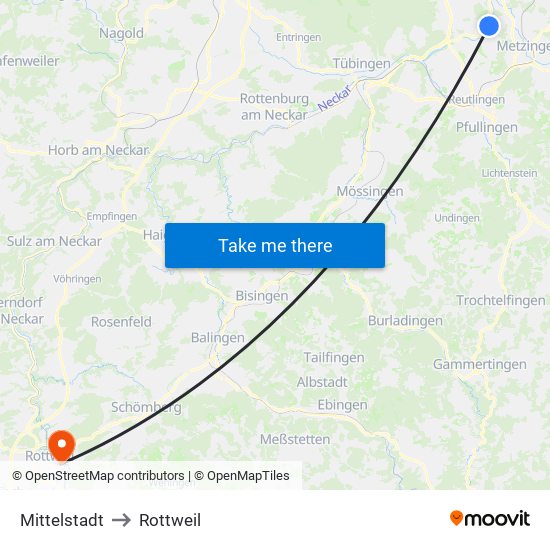 Mittelstadt to Rottweil map