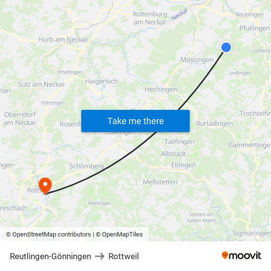 Reutlingen-Gönningen to Rottweil map