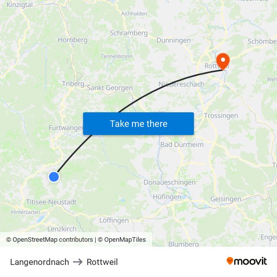 Langenordnach to Rottweil map