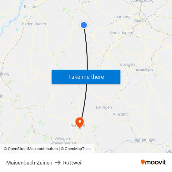 Maisenbach-Zainen to Rottweil map