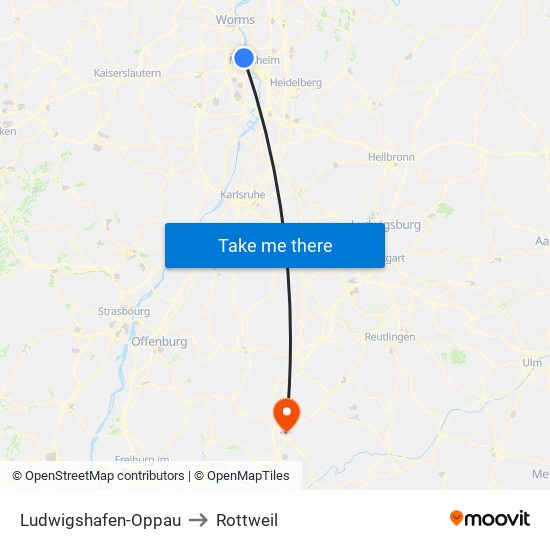 Ludwigshafen-Oppau to Rottweil map