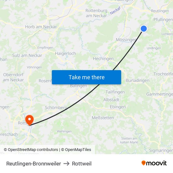 Reutlingen-Bronnweiler to Rottweil map