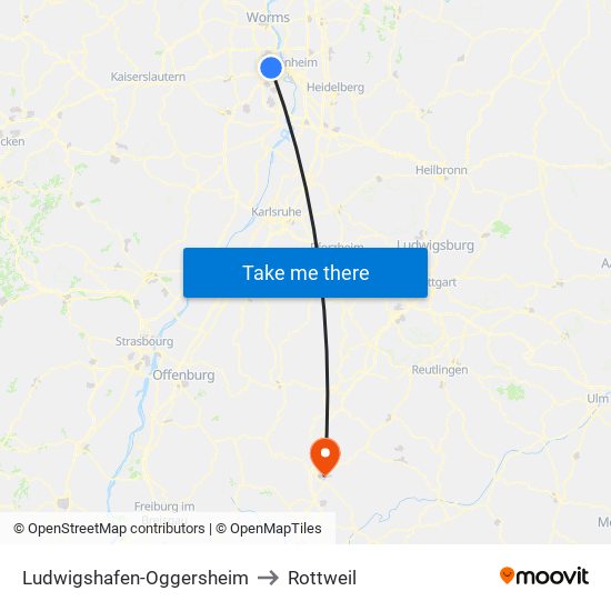 Ludwigshafen-Oggersheim to Rottweil map