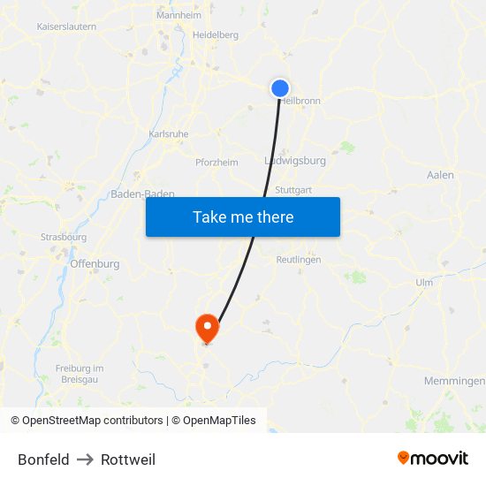 Bonfeld to Rottweil map