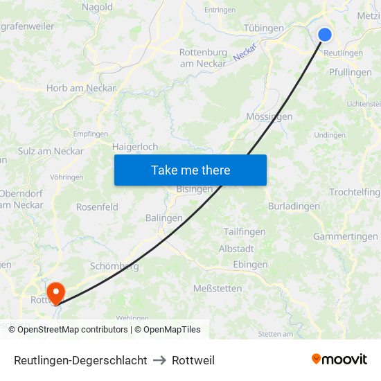 Reutlingen-Degerschlacht to Rottweil map