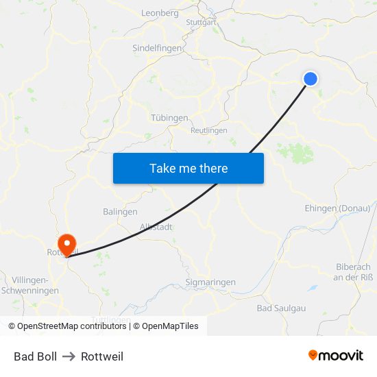 Bad Boll to Rottweil map