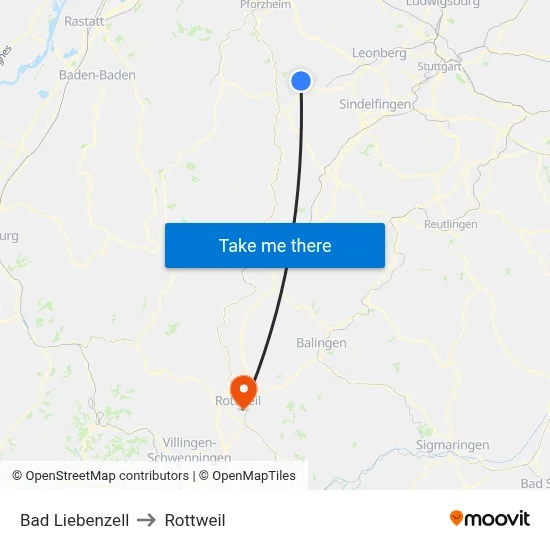 Bad Liebenzell to Rottweil map