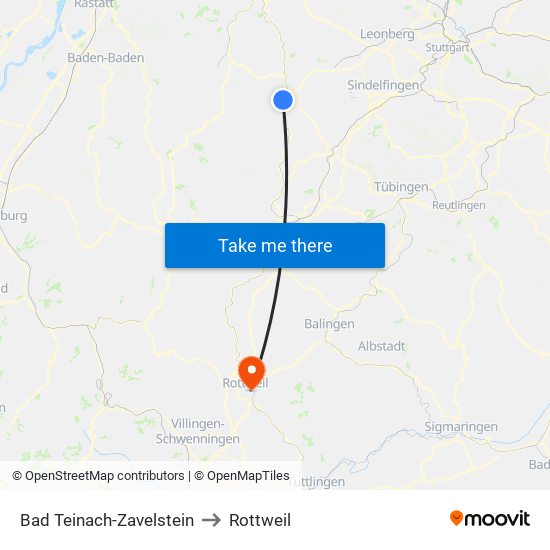 Bad Teinach-Zavelstein to Rottweil map