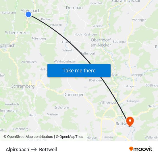 Alpirsbach to Rottweil map