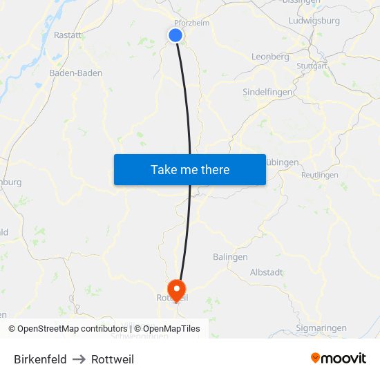 Birkenfeld to Rottweil map