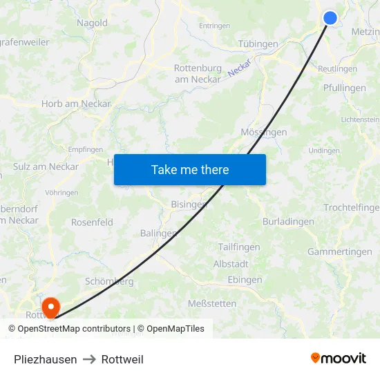 Pliezhausen to Rottweil map