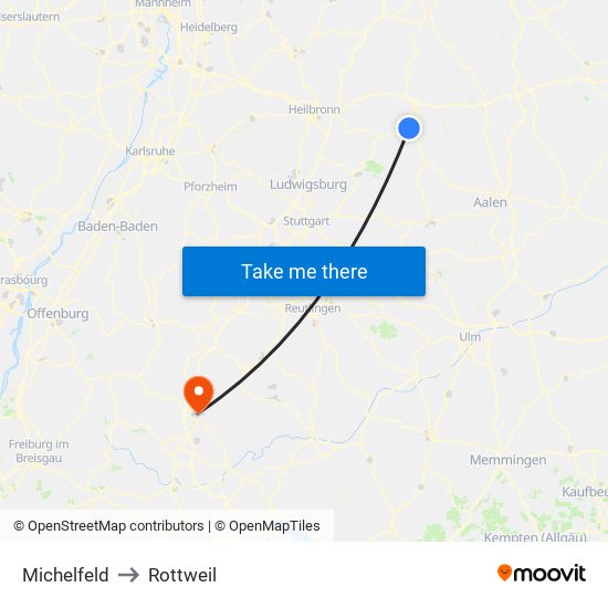 Michelfeld to Rottweil map