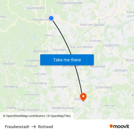 Freudenstadt to Rottweil map