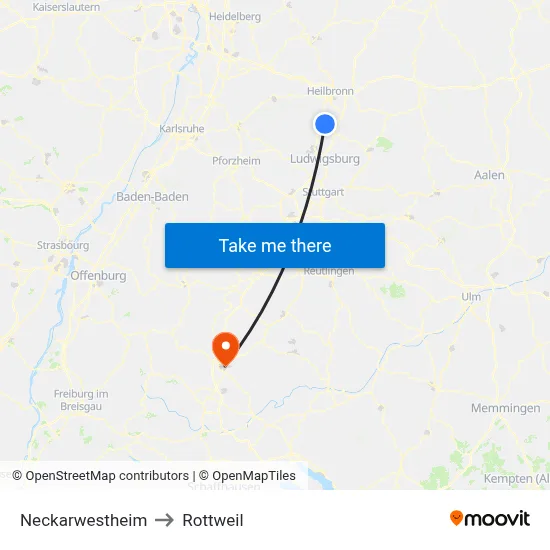 Neckarwestheim to Rottweil map