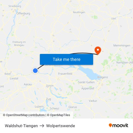 Waldshut-Tiengen to Wolpertswende map