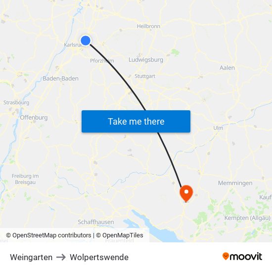 Weingarten to Wolpertswende map