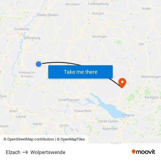 Elzach to Wolpertswende map