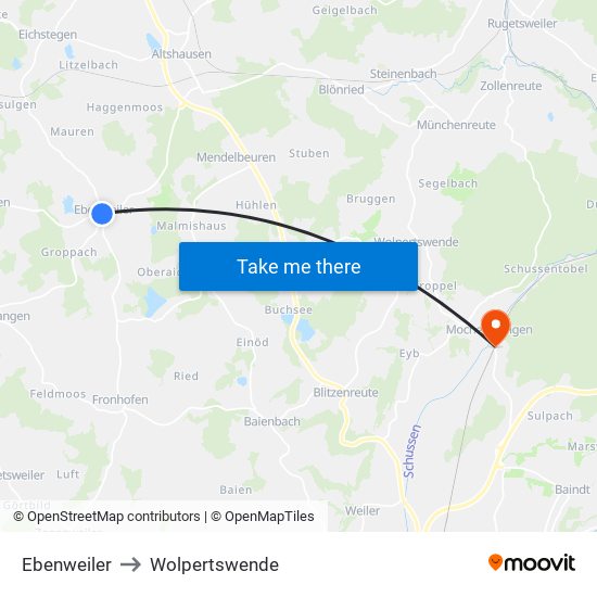 Ebenweiler to Wolpertswende map