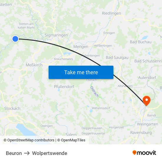 Beuron to Wolpertswende map