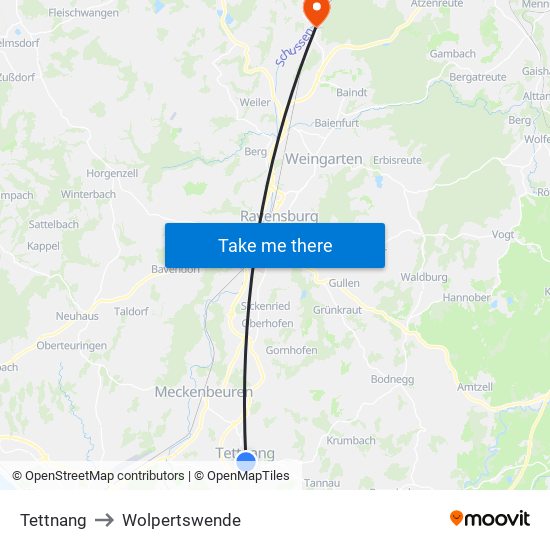 Tettnang to Wolpertswende map