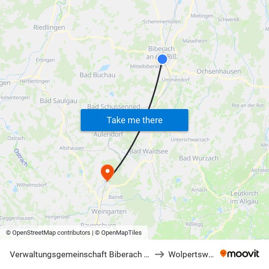 Verwaltungsgemeinschaft Biberach An Der Riß to Wolpertswende map