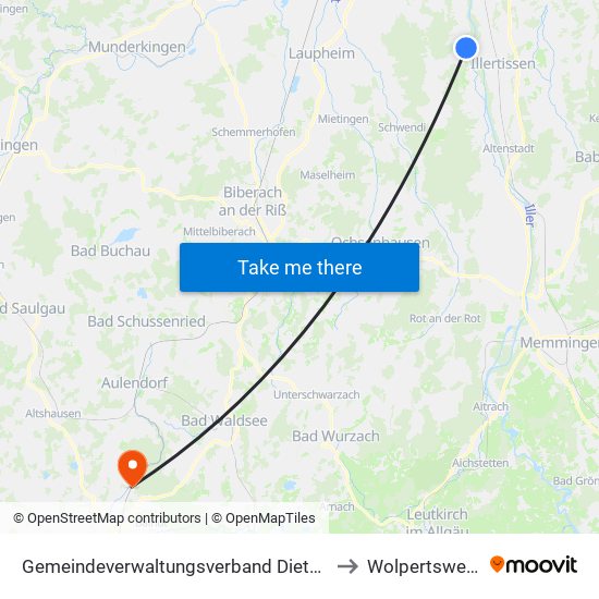 Gemeindeverwaltungsverband Dietenheim to Wolpertswende map