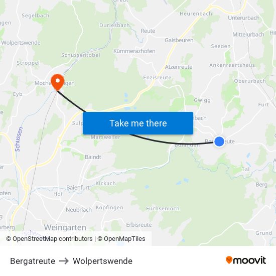 Bergatreute to Wolpertswende map