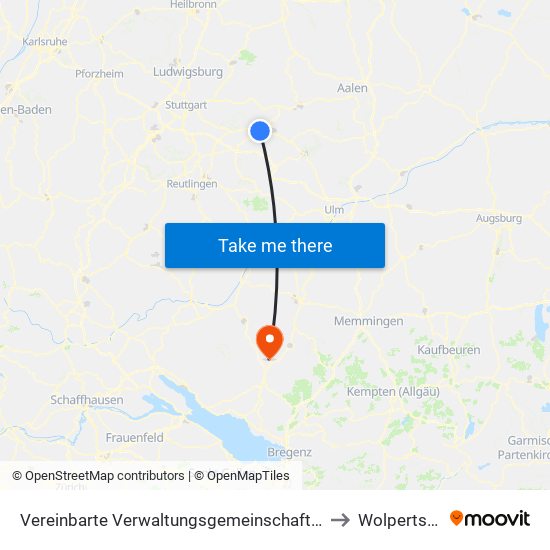 Vereinbarte Verwaltungsgemeinschaft Der Stadt Uhingen to Wolpertswende map