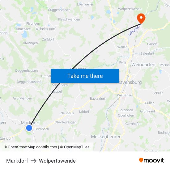 Markdorf to Wolpertswende map