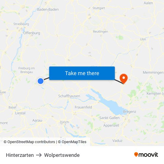 Hinterzarten to Wolpertswende map