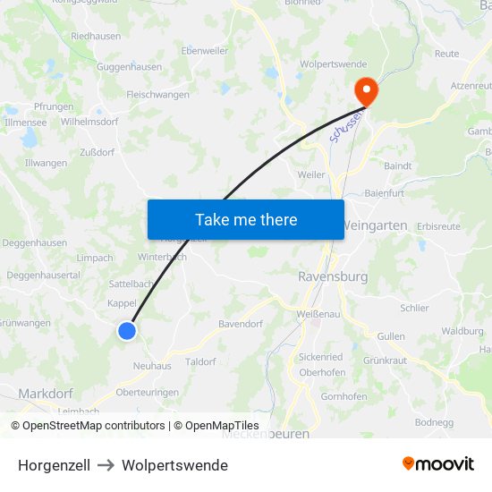 Horgenzell to Wolpertswende map
