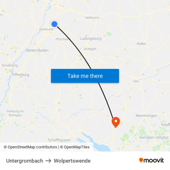 Untergrombach to Wolpertswende map