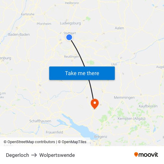 Degerloch to Wolpertswende map