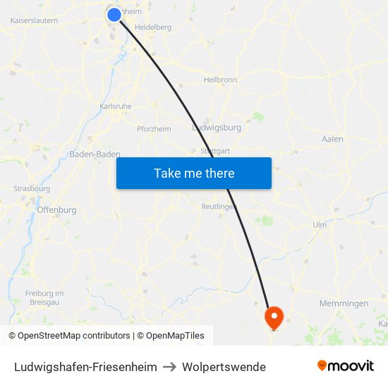Ludwigshafen-Friesenheim to Wolpertswende map