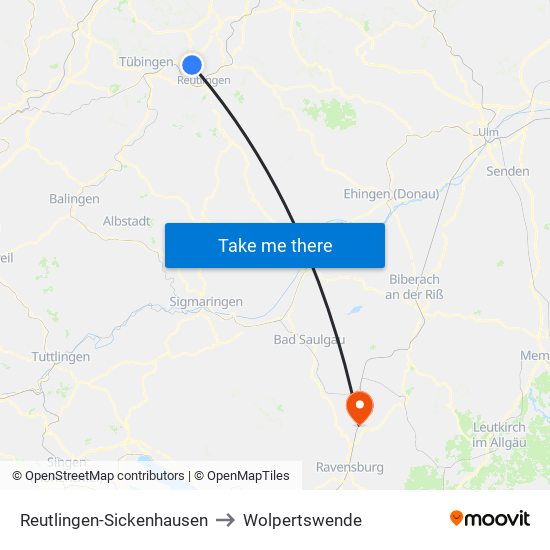 Reutlingen-Sickenhausen to Wolpertswende map