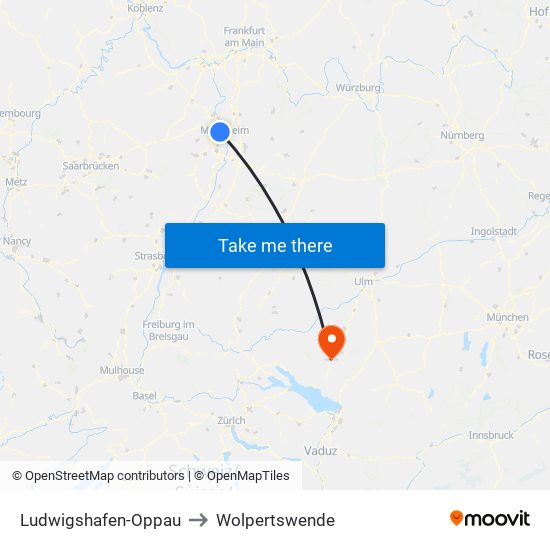 Ludwigshafen-Oppau to Wolpertswende map