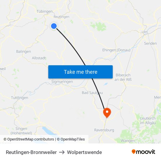 Reutlingen-Bronnweiler to Wolpertswende map