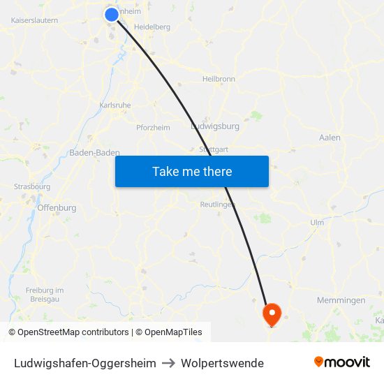 Ludwigshafen-Oggersheim to Wolpertswende map
